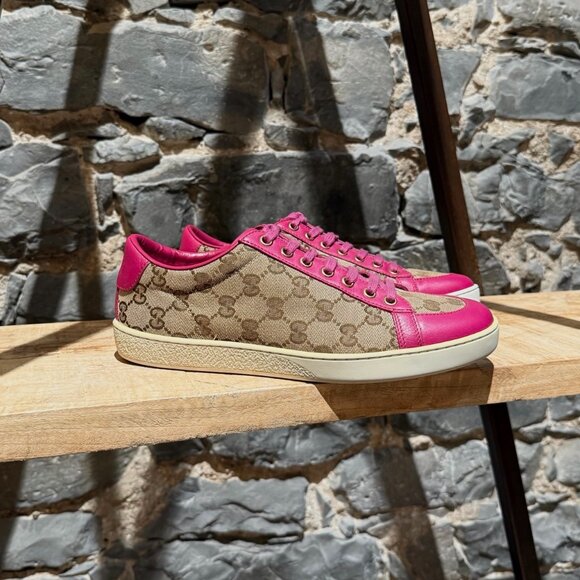 Gucci Beige GG Canvas Fuchsia Leather Brooklyn Low-top Sneakers - Picture 1 of 14